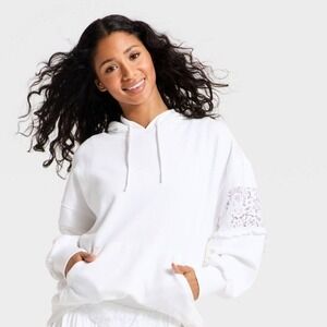 JoyLab Womens Lace Trim Ruffle Hoodie True White Loose Fit Sweatshirt Medium
